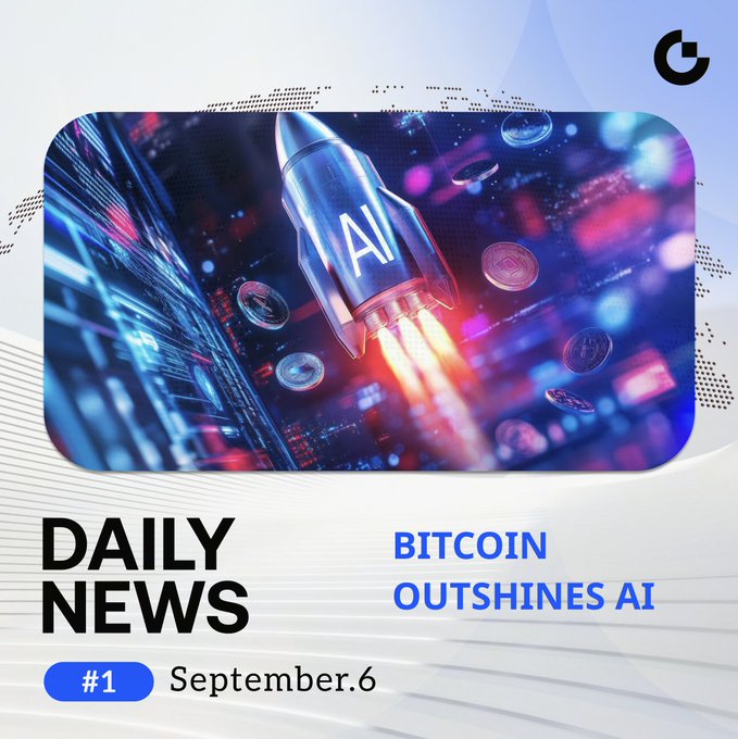 A graphic featuring a rocket labeled 'AI' flying past floating coins reads 'DAILY NEWS', 'BITCOIN OUTSHINES AI', and 'September.6' with a logo in the upper right corner.