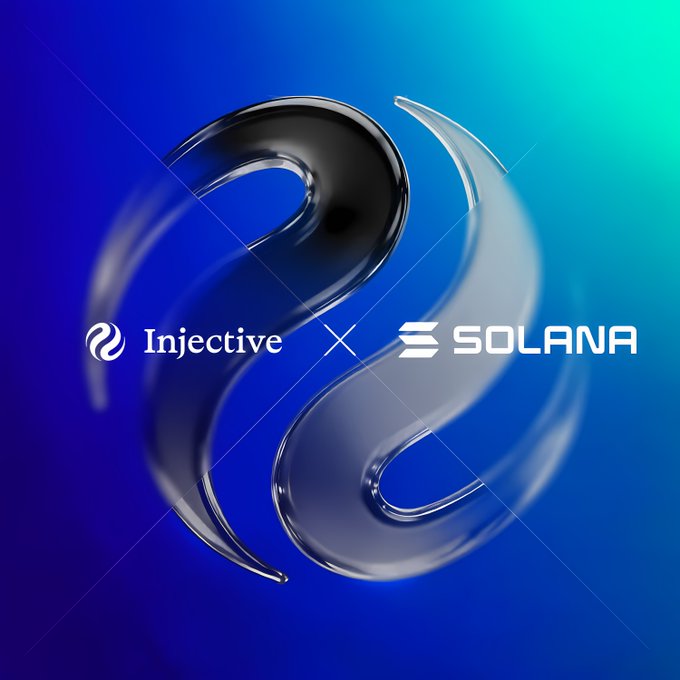 Promotional image showing a partnership between Injective and Solana, featuring the Injective swirl logo and "SOLANA" text against a blue-green gradient background with a 3D glass-like swirl centerpiece.