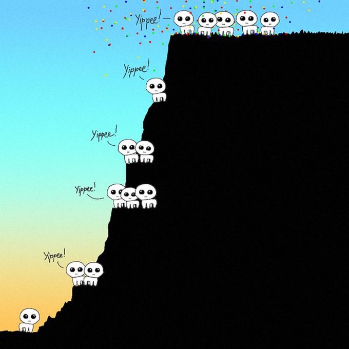 A black silhouette of a cliff against a gradient sunset sky features multiple small white cartoon characters popping out at various levels, all saying 'Yippee!' amid falling confetti.