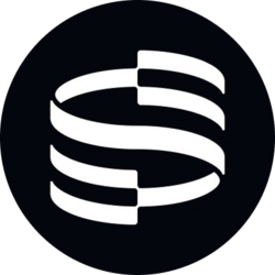 A simple black circular icon featuring a stylized white logo that resembles a layered stack or a stylized letter 'S'.