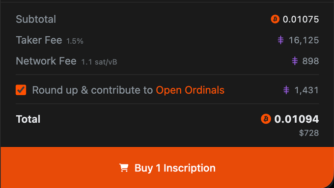 The image shows a purchase confirmation screen for buying an inscription on Ordinals, displaying a subtotal of ₿0.01075, a 1.5% taker fee of ₫16,125, a network fee of ₫898, and an optional "Round up & contribute to Open Ordinals" option adding ₫1,431 for a total of ₿0.01094 ($728). The image illustrates the new round-up feature described in the post, which allows buyers to easily support the Open Ordinals Institute by rounding up their purchase amount.