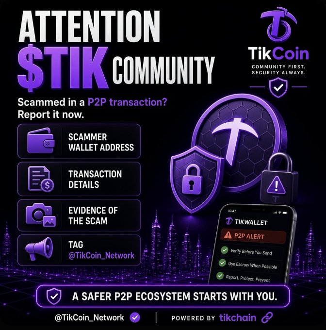 A promotional graphic for TikCoin (TikWallet) addresses the $TIK community, urging victims of P2P scams to report scammers by sharing wallet addresses, transaction details, and evidence while tagging @TikCoin_Network. The design features purple security-themed imagery—including a shield, lock, and warning icons—alongside a smartphone displaying a "P2P Alert" notification, reinforcing the campaign's message that "a safer P2P ecosystem starts with you."