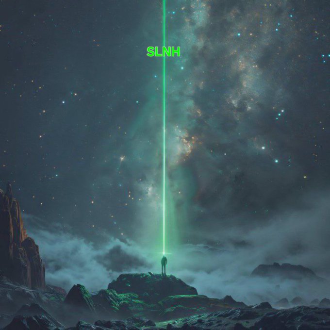 A digital artwork showing a silhouette of a person standing on a rocky outcrop looking up at a vertical green beam of light piercing through a starry night sky, with the text 'SLNH' in green near the top.