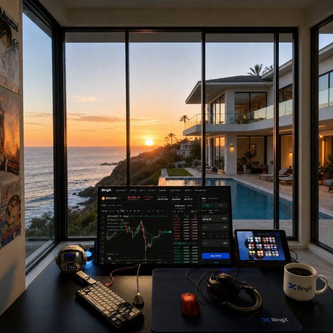 A workspace setup at a desk overlooking a sunset over the ocean and a modern coastal villa, with a monitor displaying BingX cryptocurrency trading charts, a mug, keyboard, and other accessories.