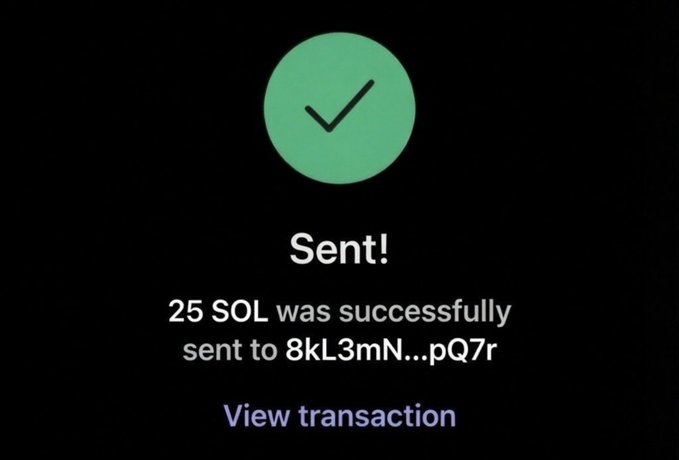 A cryptocurrency transaction confirmation screen showing "Sent!" with a green checkmark, indicating that 25 SOL was successfully transferred. The image likely serves as proof of fulfillment for the 20-hour giveaway mentioned in the post, though the amount sent (25 SOL) exceeds the typical giveaway size and the recipient address appears to belong to the sender themselves rather than a follower.