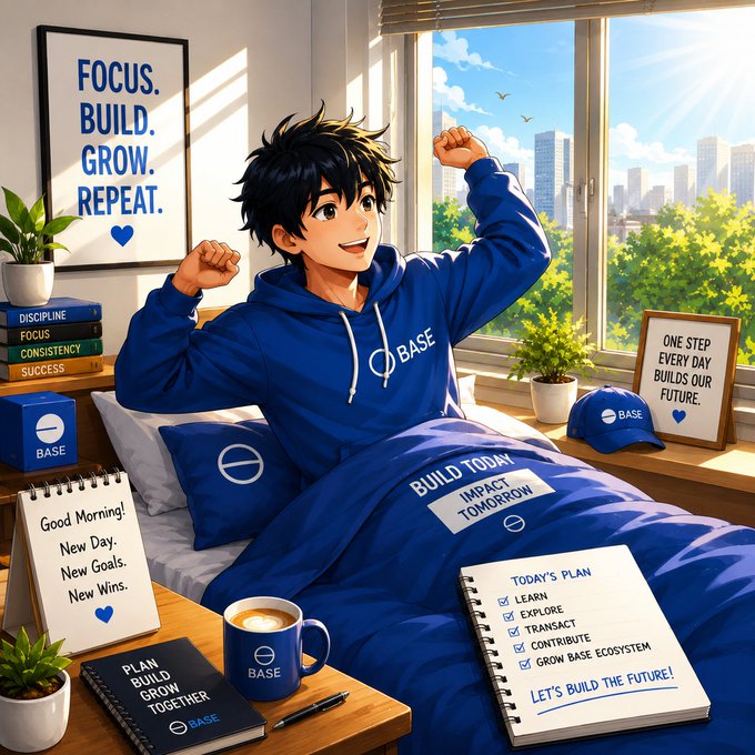 An anime-style illustration of a young man in a blue 'BASE' hoodie stretching in bed, surrounded by motivational posters ('FOCUS. BUILD. GROW. REPEAT.', 'ONE STEP EVERY DAY BUILDS OUR FUTURE.') and a to-do list ('TODAY'S PLAN: LEARN, EXPLORE, TRANSACT, CONTRIBUTE, GROW BASE ECOSYSTEM').