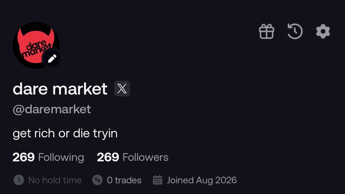 A profile screenshot of the X account "@daremarket" featuring a red devil logo with 269 followers and the bio "get rich or die tryin," who is running a giveaway to send $50 to a random follower using the referral code "daremarket."