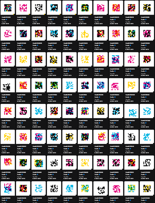 A grid of colorful pixelated NFT collectibles displayed on what appears to be a digital marketplace, each labeled with "Credit #" followed by a unique number and valued at "0.0013 WETH," relating to the post about NFTs being traded via X Money (formerly Twitter's payment platform).