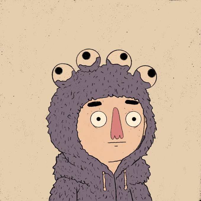An illustration of a person wearing a fuzzy gray hooded sweatshirt with multiple cartoon eyes attached to the top, giving the costume a quirky, multi-eyed monster appearance.