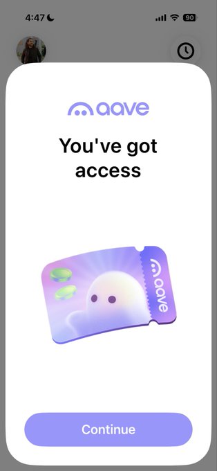 A mobile app notification screen for 'aave' displaying the message 'You've got access' above an illustration of a purple cloud-like card and a 'Continue' button.