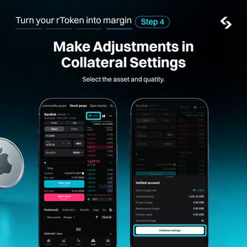 An instructional screenshot titled 'Make Adjustments in Collateral Settings' showing Step 4 of turning an rToken into margin on a mobile app interface.