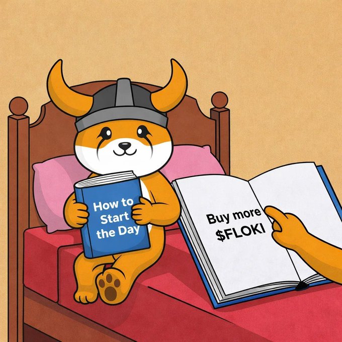 A cartoon dog wearing a viking helmet reads "How to Start the Day" in bed, while an open book displays "Buy more $FLOKI," visually reinforcing the post's message of prioritizing buying more FLOKI like a morning routine with a child.