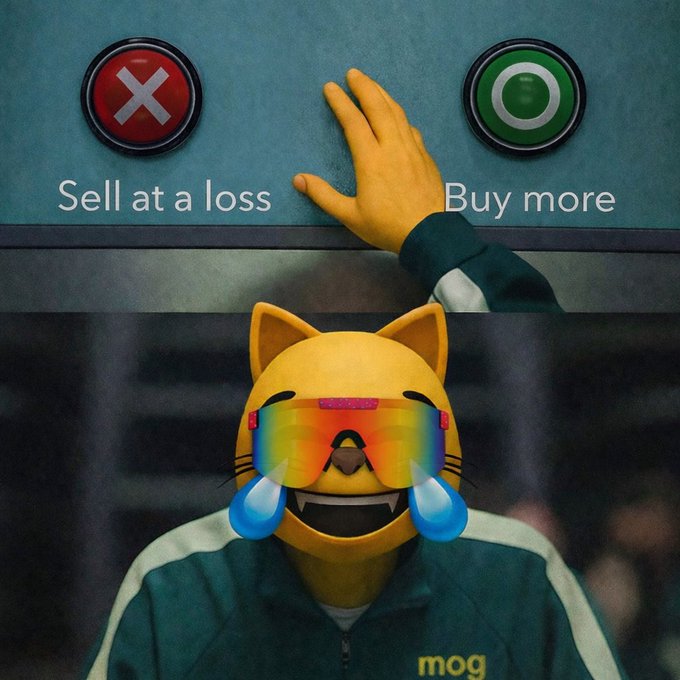 The image features a cartoon cat wearing sunglasses, goggles, and a jacket with the word " mog" written on it. The cat appears to be crying or squinting its eyes while standing next to a sign that says "sell at a loss buy more". There are also two buttons in the image - one red button labeled "X", and another green button labeled "buy more".