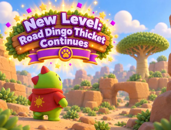 A vibrant cartoon-style illustration with a green character wearing a red hoodie standing in a desert landscape, overlaid with a banner reading 'New Level: Road Dingo Thicket Continues'.