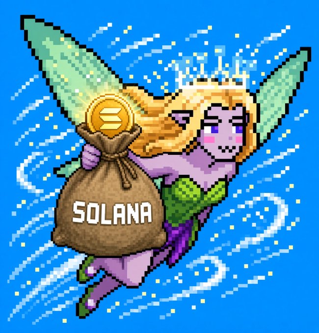A pixel-art illustration of a winged fairy character holding a sack of gold with a 'SOLANA' coin, flying through a starry blue sky.