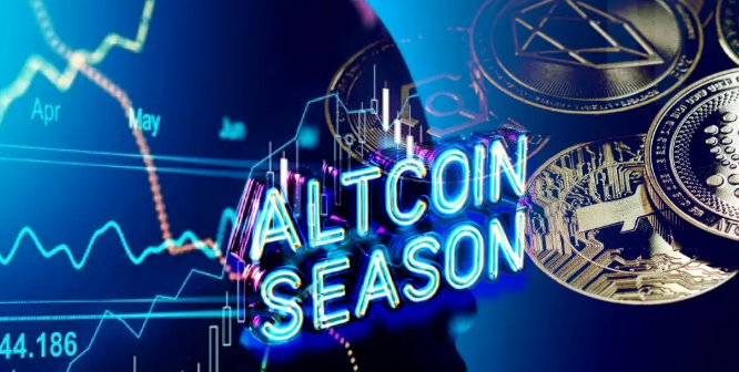 A vibrant digital graphic featuring the neon text "ALTCOIN SEASON" alongside physical cryptocurrency coins and a candlestick chart marked with "Apr," "May," and "Jun," visually reinforcing the post's claim of a sudden $215 billion surge in altcoin market cap over just three days in August.