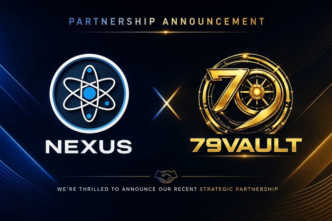A partnership announcement graphic featuring the Crypto Nexus logo on the left and the 79thVault logo on the right, separated by a stylized "X" symbol, with text reading "Partnership Announcement" at the top and "We're thrilled to announce our recent strategic partnership" at the bottom, visually representing the collaboration between the two Web3 platforms.