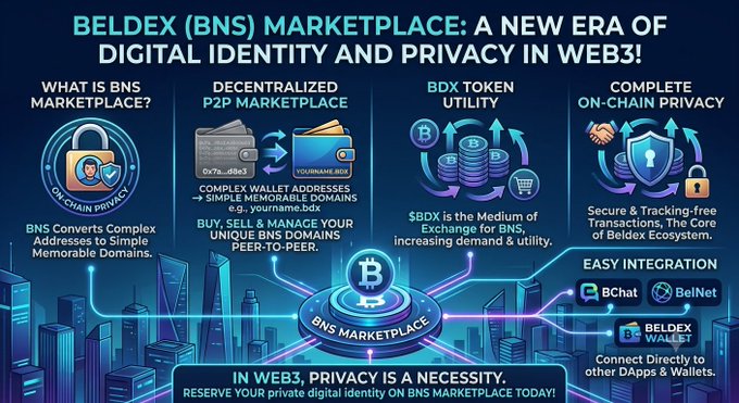 An infographic promoting the Beldex (BNS) Marketplace, highlighting decentralized P2P marketplace features and BNS marketplace functions.