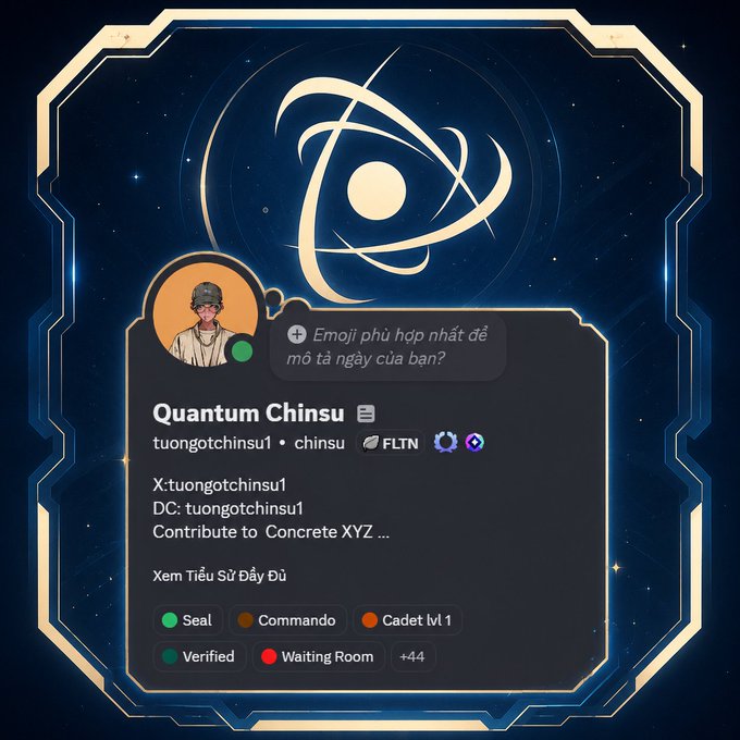 A Discord-style profile card for "Quantum Chinsu" (tuongtotchinsu1) displays roles including "Seal," "Commando," "Cadet lvl 1," and "Verified," along with social handles for X and Discord, celebrating the user's achievement of earning the Seal role on @dac_chain after extensive community contributions focused on quantum-resistant infrastructure.
