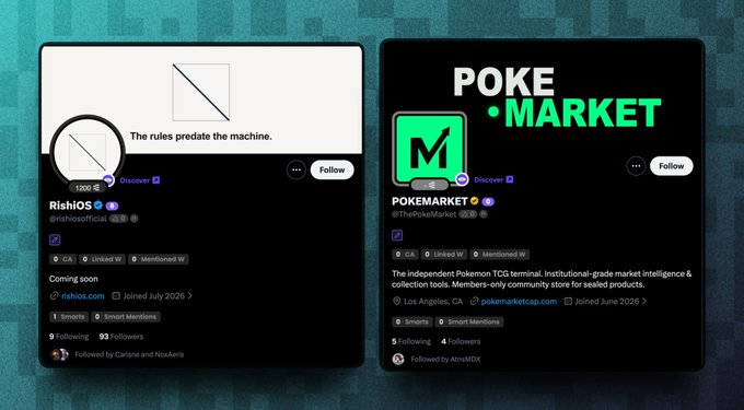 Two X/Twitter profile cards are displayed against a checkered background: **RishiOS** (@rishiOSofficial), a "Coming soon" account bio stating "The rules predate the machine." joined July 2026 with 1 smart mention and 53 followers; and **POKEMARKET** (@ThePokeMarket), described as "The independent Pokémon TCG terminal. Institutional-grade market intelligence & collection tools. Members-only community store for sealed products," based in Los Angeles, joined June 2026 with 5 following and 4 followers.

The image appears unrelated to the accompanying post about early crypto projects like **@FWAP_FUN** (Fake World Assets), showing instead generic social media profile previews possibly used as a template.