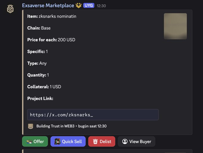 A screenshot of the Exsaverse Marketplace showing a listing for 'zksnarks nominatin' on the Base chain, priced at 200 USD each with a project link to x.com/zksnarks_.