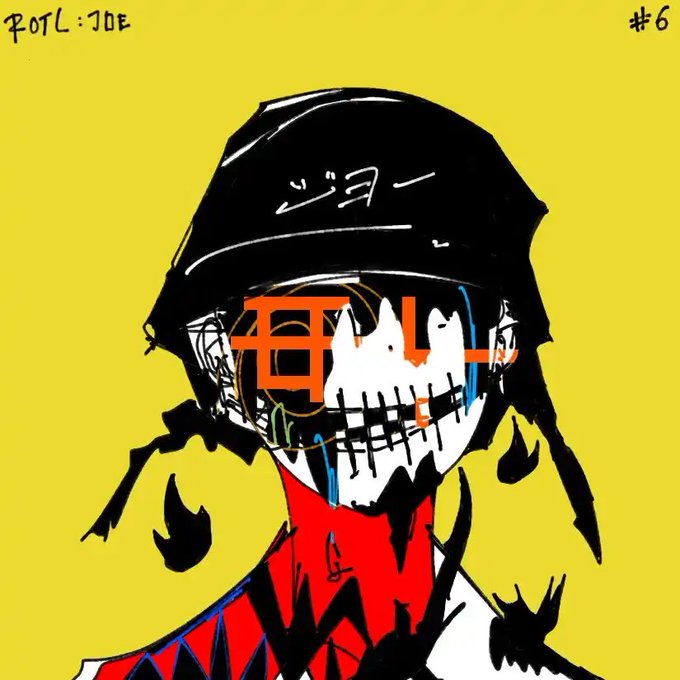 An edgy anime-style illustration with a yellow background shows a character wearing a black hat with Japanese text 'ジョー' (Joe), 'POTL: JOE' in the corner, '#6', and red graphic overlays on the face.