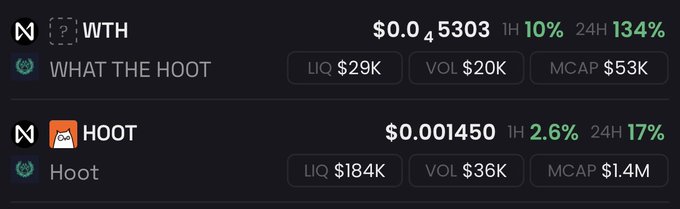 The image displays cryptocurrency trading data for two tokens, **$WTH (What The Hoot)** showing a price of $0.045303 with a 10% 1H and 134% 24H change (market cap $53K), and **$HOOT (Hoot)** at $0.001450 with a 2.6% 1H and 17% 24H change (market cap $1.4M). This ties into the "Owl SZN" theme by showcasing both owl-themed meme tokens currently pumping on the market.