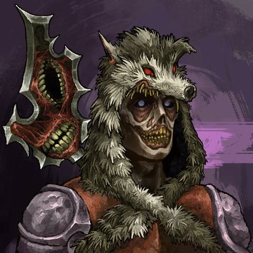 A fantasy illustration depicting a skeletal warrior wearing a wolf-pelt headdress and wielding a grotesque, fanged mace weapon against a purple background.