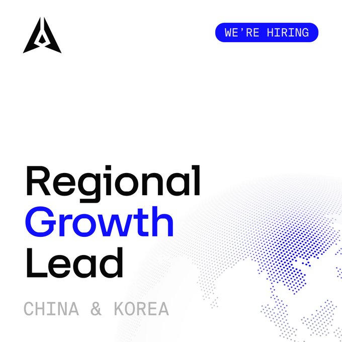 A job posting graphic for GenLayer featuring a triangular logo, "Regional Growth Lead" title in black and blue text, "CHINA & KOREA" subtitle, a blue dotted map of Asia, and a "WE'RE HIRING" button in the top right corner. The image visually supports the announcement by highlighting the specific position and region for the new role.