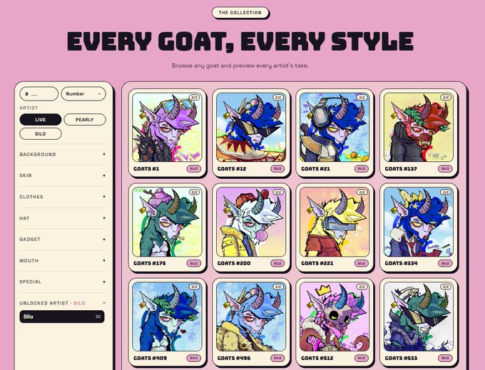 A pink-themed digital art collection page titled 'EVERY GOAT, EVERY STYLE' showing a grid of various goat character NFT cards and filtering options.