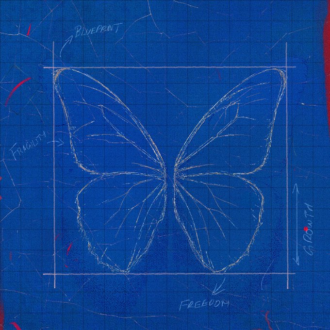 A blue grid-patterned artwork featuring a sketched white butterfly surrounded by handwritten words: 'BLUEPRINT', 'FRAGILITY', 'GROWTH', and 'FREEDOM'.