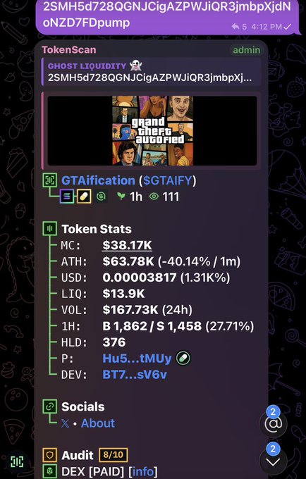 This image shows a screen with a chat window featuring a screenshot of the Instagram page for "GTAIFY 2SMH5d728QGNJCigAZPWJiQR3jmbpXjdNoNZD7FDpump #Eth". The image displays an overlay that appears to be an advertisement. The main content on the screen is a post of a gaming app, which includes a screenshot of the video game's progress bar indicating it has been playing for 2 hours and 45 minutes.