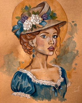 A watercolor-style portrait of a woman wearing a floral hat and blue Victorian-style dress, with a warm sepia background.