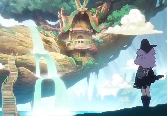 An anime-style illustration showing a character with purple hair and a black outfit standing before a fantastical treehouse with waterfalls flowing down from a massive tree in a bright, cloudy sky.
