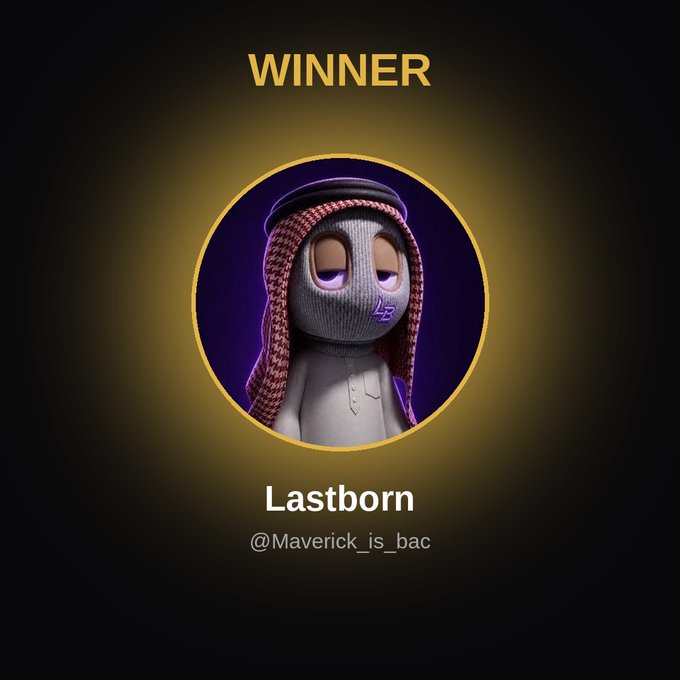 A "WINNER" announcement graphic with a gold border and dark background showcases a 3D-rendered character titled "Lastborn" by creator @Maverick_is_bac. The character features a stylized, sock-like figure wearing a knitted gray balaclava/mask and a red and white checkered keffiyeh headscarf, set against a purple backdrop. The image serves as a celebratory graphic confirming that Maverick_is_bac won $300 through MetaWin, as noted in the accompanying post.