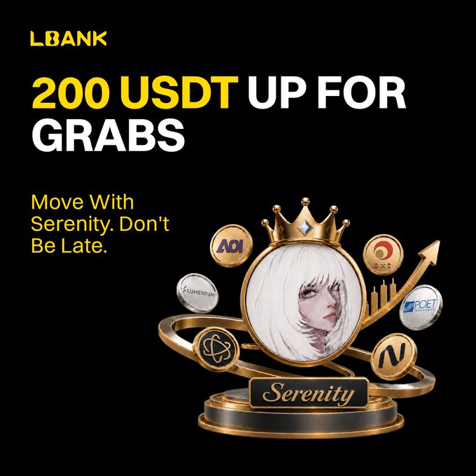 A promotional graphic from LBANK announces a "200 USDT UP FOR GRABS" giveaway with the tagline "Move With Serenity. Don't Be Late," featuring a gold-crowned emblem labeled "Serenity" surrounded by stock and crypto logos (AOI, Lumentien, AXT, POET, and others), aligning with the post announcing the giveaway winners for the Serenity Stocks campaign.