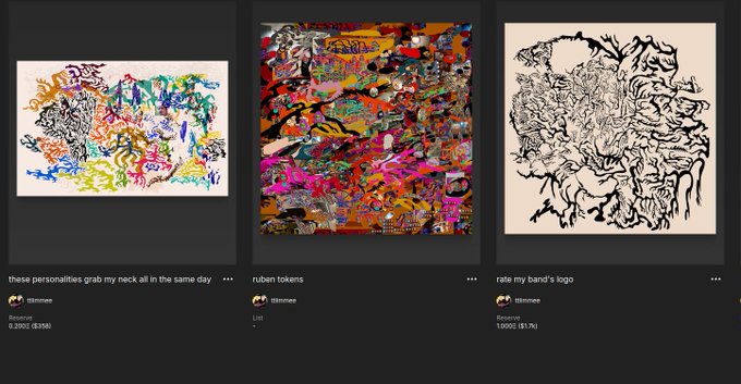 Three NFT listings displayed on a marketplace: colorful abstract artworks titled 'these personalities grab my neck all in the same day' (0.2002Z), 'ruben tokens' (1M List), and a black-and-white piece titled 'rate my band's logo' (1.000Z), all by lilminee.