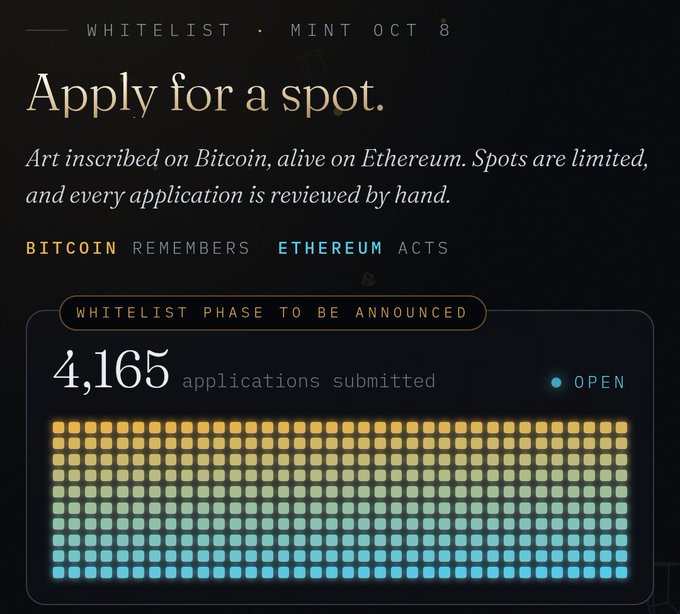 A dark-themed promotional graphic invites applicants to 'Apply for a spot' on a whitelist for a Bitcoin and Ethereum project, showing 4,165 applications submitted and an 'OPEN' status indicator above a grid of dots.