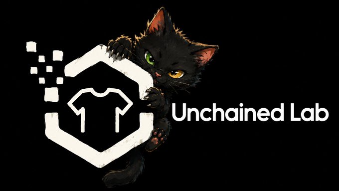 The 'Unchained Lab' logo features a black cat with green and yellow eyes peeking over a white hexagon containing a t-shirt icon.
