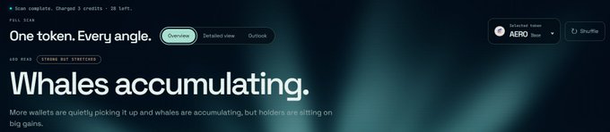 Financial/crypto dashboard showing 'One token. Every angle.' with a 'Whales accumulating' headline and ticker 'AERO' selected for Shuffle Token.