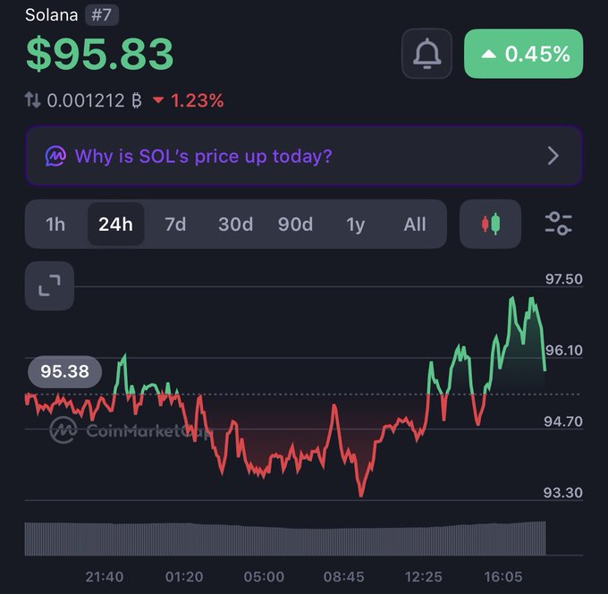 A CoinMarketCap price chart for Solana (#7) shows SOL trading at $95.83, up 0.45% but down 1.23% over the period, with a 24-hour price graph oscillating between $93.30 and $97.50.