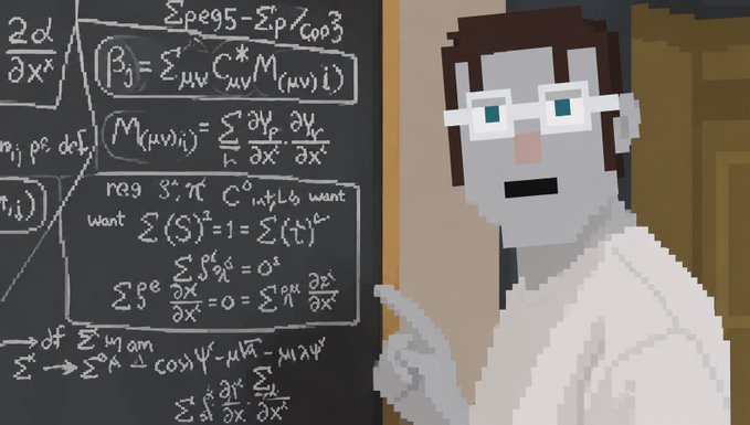 A Minecraft character with glasses and a white lab coat points at a chalkboard covered in complex mathematical equations and physics formulas.