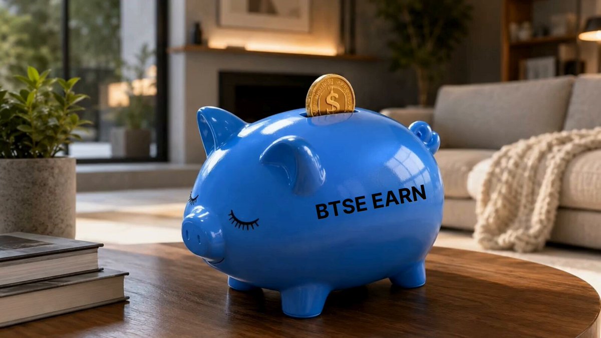 The image features a blue piggy bank sitting on top of a wooden table. The piggy bank has a gold coin placed on its side, and there are two books nearby - one on the left side of the table and another on the right side. The background shows a living room with a couch and a potted plant. The image also contains text that reads "Saving is great. Saving with crypto and passive returns? Much Better. Put your assets to work with BTSE Earn. Try our flexible plans and competitive yields. Your crypto, growing daily. Try #BTSE Earn btse.com/en/earn".