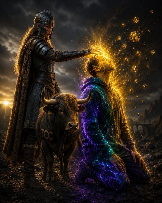 A fantasy scene depicts an armored warrior touching the golden glowing head of a kneeling figure made of vibrant purple and blue energy, accompanied by a bull marked with 'TCC'.