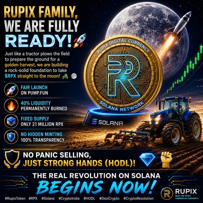 The image features a poster with a tractor, a rocket ship, and a coin. The poster also includes text that reads "Rupix Family. We are fully ready! Just like a tractor plows the field. Golden harvest, we are building a rock solid foundation to take you on a moonwalk". This message is related to the Rupix cryptocurrency project, which has recently launched and is seeking investors for its future growth. The poster aims to attract attention and generate interest in the project by highlighting its potential benefits and the progress that has already been made.