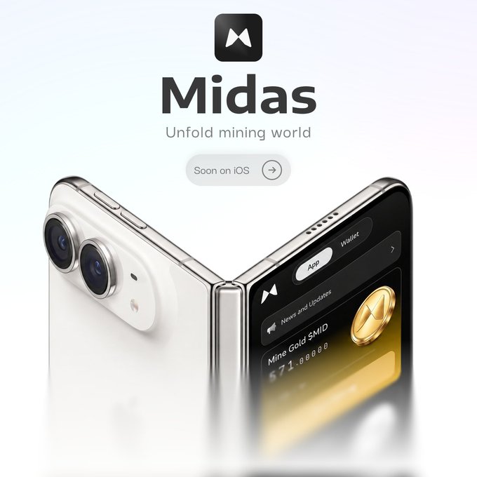 A promotional graphic for the "Midas" app featuring its logo and the tagline "Unfold mining world," along with a "Soon on iOS" button, displayed over a foldable smartphone showing the app interface with "Mine Gold $MID" and a balance of 571.0000.
