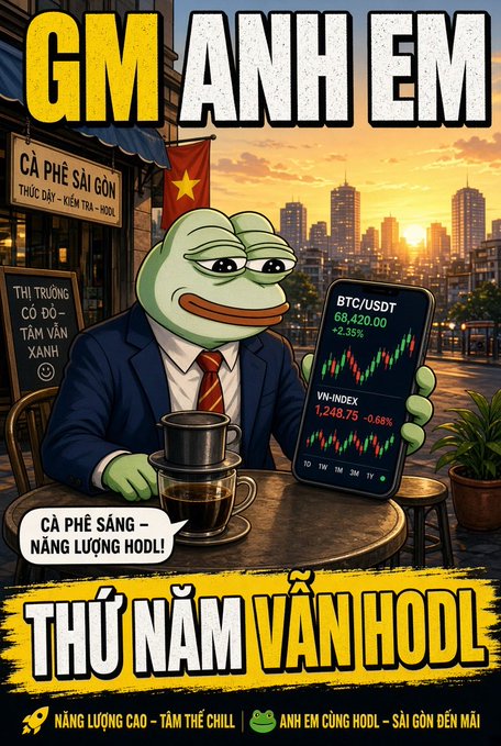 A colorful Vietnamese-themed illustration featuring the Pepe frog in a suit drinking coffee at a Saigon café, with text 'GM ANH EM', 'CÀ PHÊ SÀI GÒN', 'BTC/USDT 68,420.00', 'VN-INDEX 1,248.75', and 'THỨ NĂM VẪN HODL'.