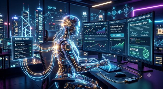 A futuristic digital illustration of a glowing humanoid AI agent at a trading desk with multiple screens displaying blockchain data, smart contract execution, and an 'AI AGENT WALLET' panel.