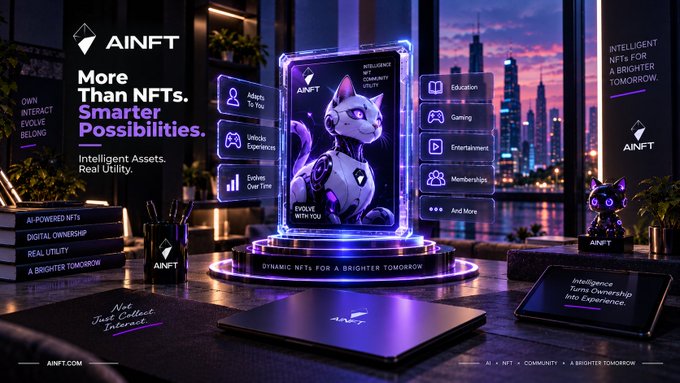 A sleek promotional graphic for "AINFT" featuring a glowing holographic display of an AI-powered cat mascot surrounded by feature tabs like "Adapts To You," "Unlocks Experiences," "Evolved Over Time," "Education," "Gaming," "Entertainment," and "Memberships," alongside taglines "More Than NFTs. Smarter Possibilities." and "Intelligent Assets. Real Utility." The image visually illustrates the post's idea of moving beyond simple on-chain ownership toward intelligent, interactive NFTs that adapt and evolve based on user behavior.