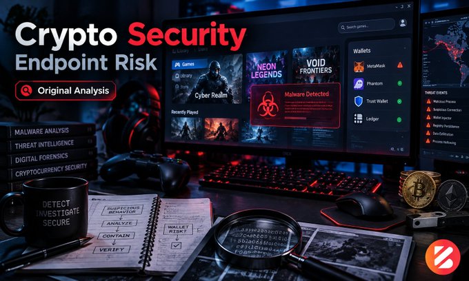 A digital graphic titled "Crypto Security Endpoint Risk" showing a gaming setup with malware warnings, wallets (MetaMask, Phantom, Trust Wallet, Ledger), and threat analysis elements.